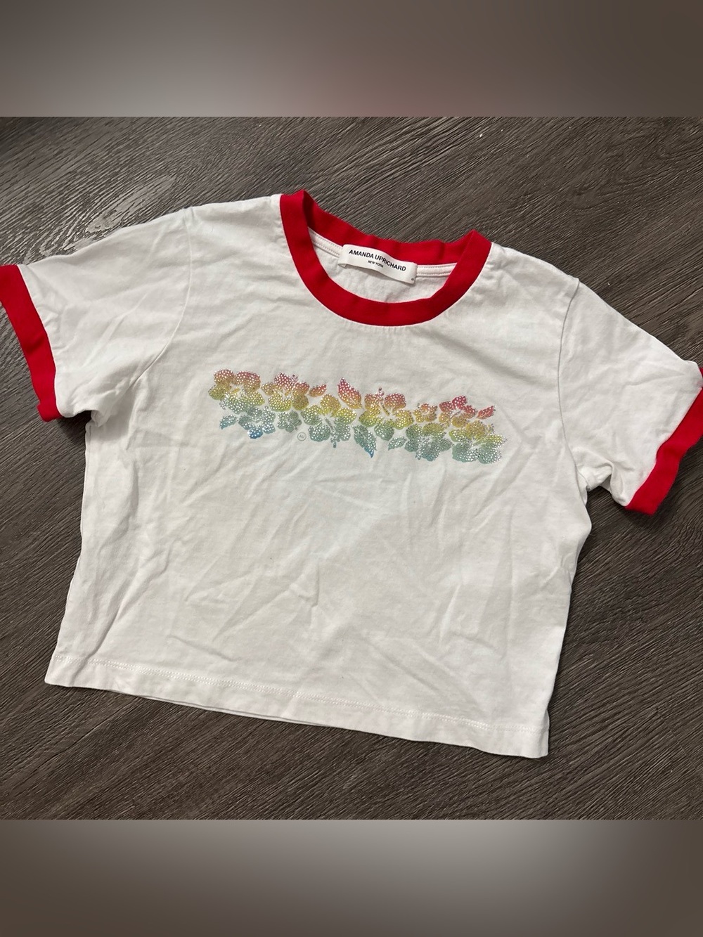 Amanda Uprichard White Ringer Tee with Red Trim and Rainbow Floral